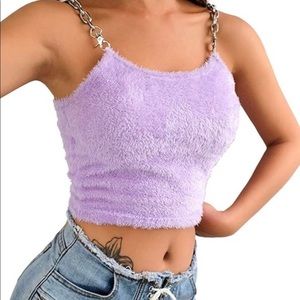 Pastel Purple Faux Fur Cami Crop Top w/ Chain Detail Straps